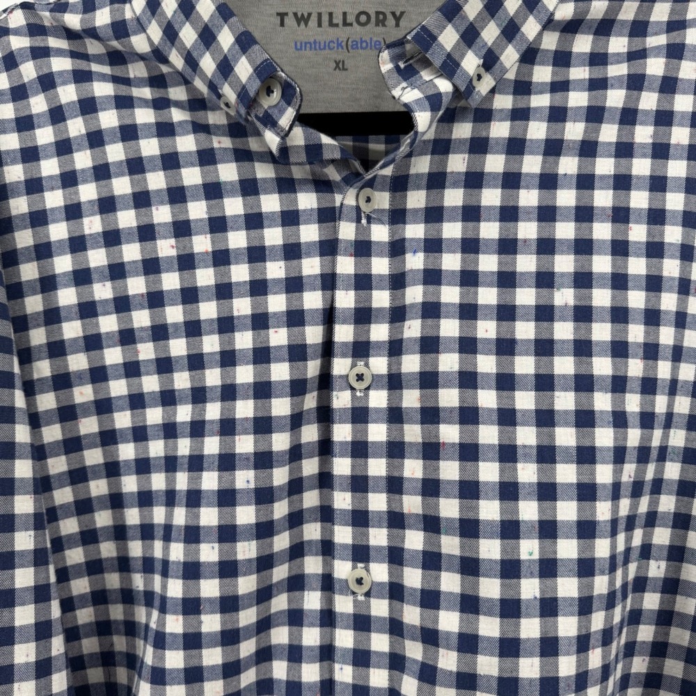 Twillory Untuckable Mens XL Gingham Button Down‎ Shirt Navy White Speckled Nep - Picture 2 of 8